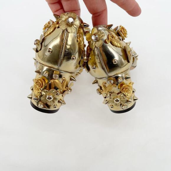 Dolce & Gabbana Metallic Gold Vally Flower Spike Studded Block Heel IT 39.5 - Picture 7 of 12